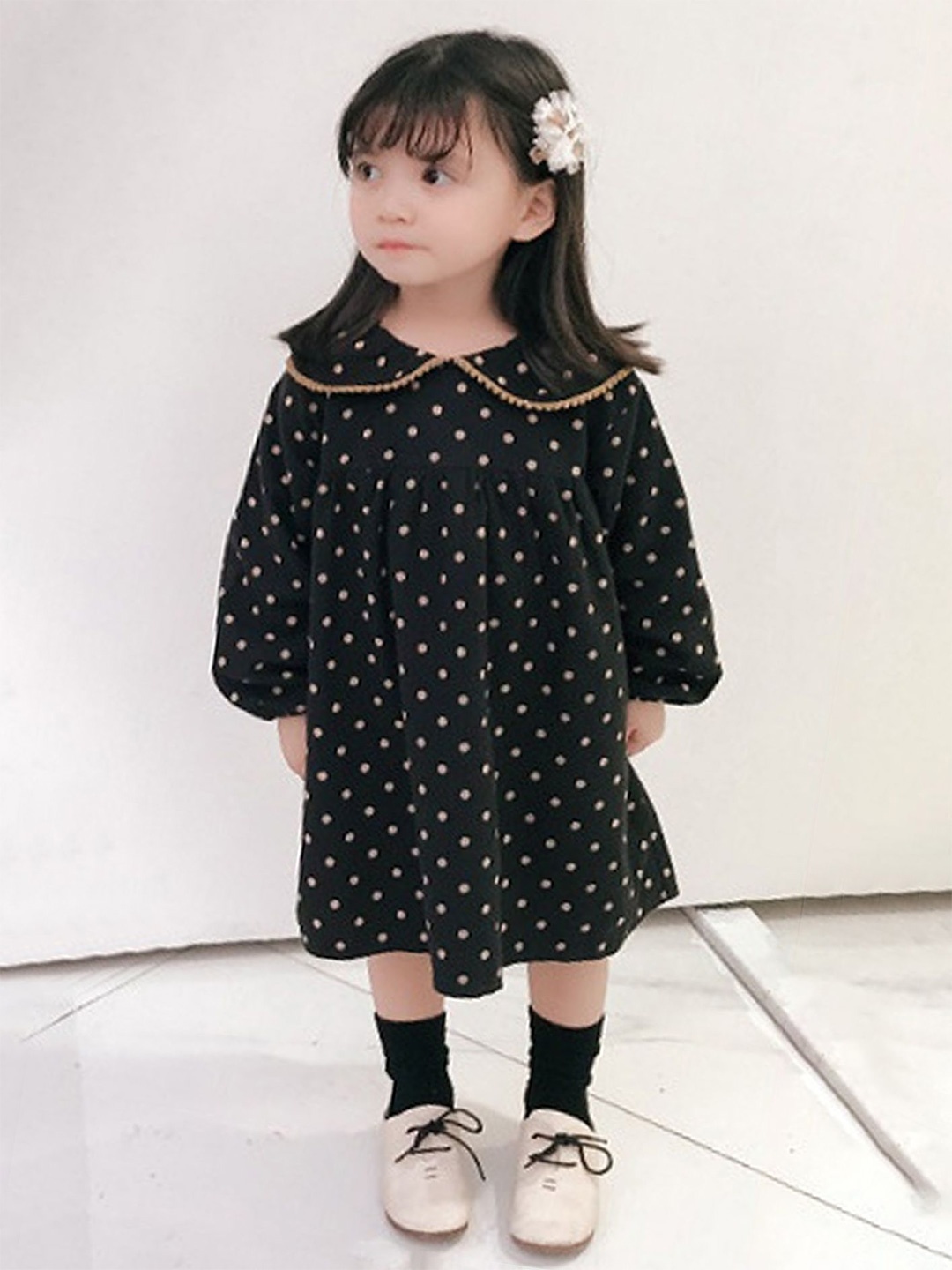 

LULU & SKY Girl Polka Dot Peter Pan Collar Empire Dress, Black