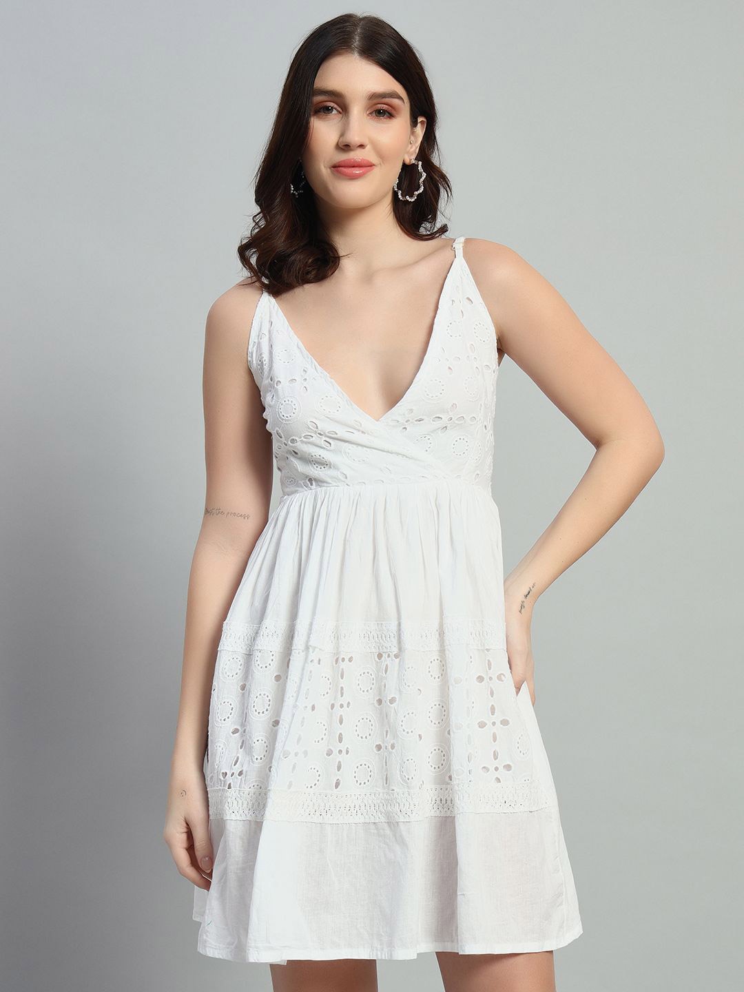 

ROSEMELON Self Design Schiffli Lace Inserts Cotton Fit & Flare Dress, White