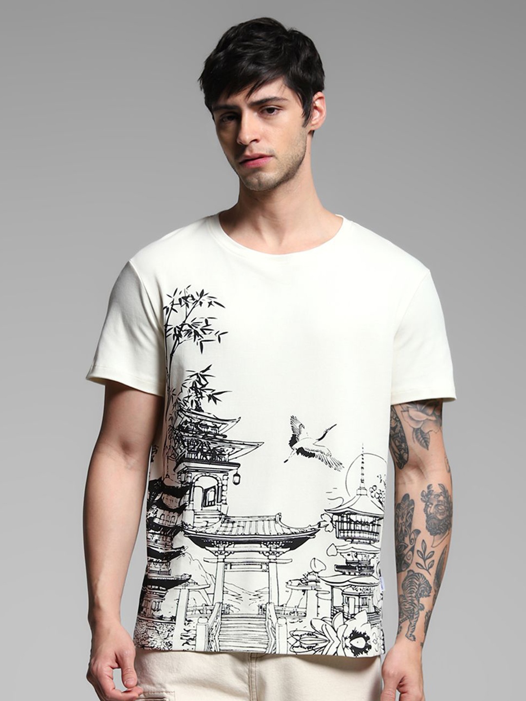 

Jack & Jones Men Graphic Printed Round Neck Cotton T-shirt, White