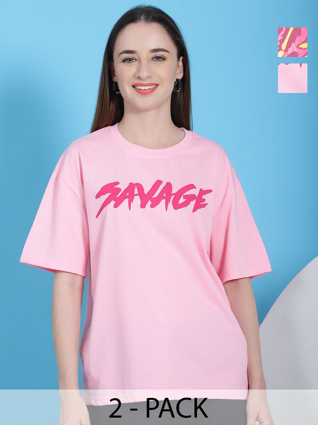 

Dreambe Women Pack Of 2 Graphic Printed Round Neck Cotton Oversized T-shirts, Pink