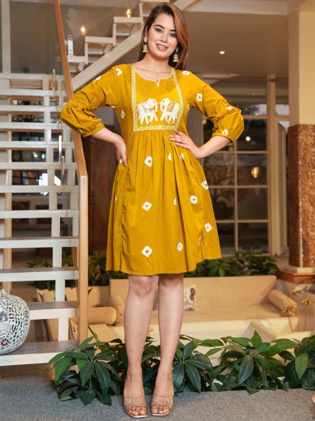 

QBO FASHION Ethnic Motifs Printed Notch-Neck Puff Sleeves A-Line Ethnic Dresses, Yellow