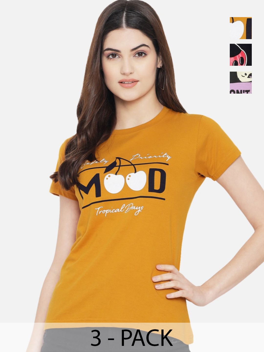 

Dreambe Women Pack Of 3 Mickey Mouse Graphic Printed Round Neck Cotton T-shirts, Mustard