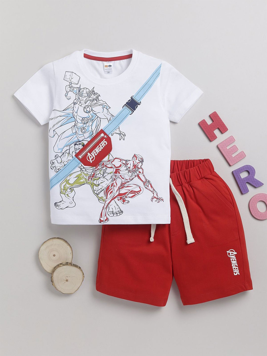 

LITTLE NINJA Boys Printed Round Neck Pure Cotton T-Shirt With Shorts, Red