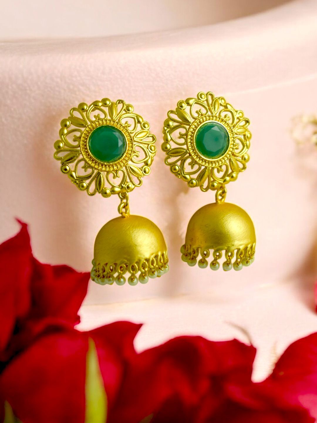 

TISHUL JEWELS Gold-Plated Artificial Stones Studded Dome Shaped Jhumkas, Green