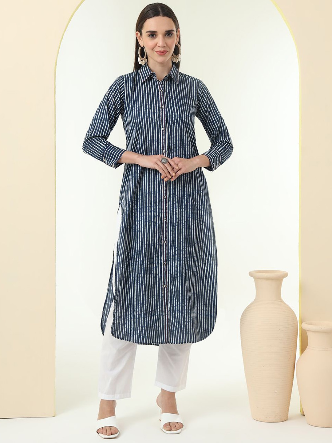 

Tissu Striped Shirt Collar Straight Pure Cotton Kurta With Trousers, Navy blue