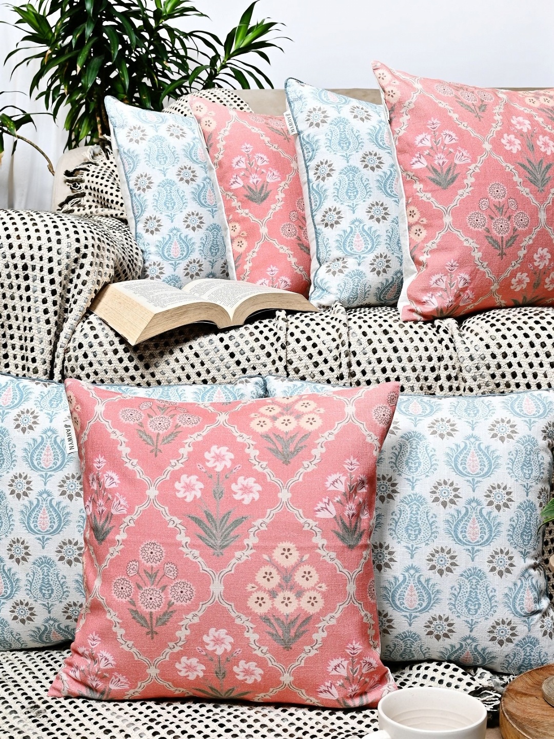 

ANWYN Blue & Pink 7 Pieces Ethnic Motifs Printed Cotton Square Cushion Covers