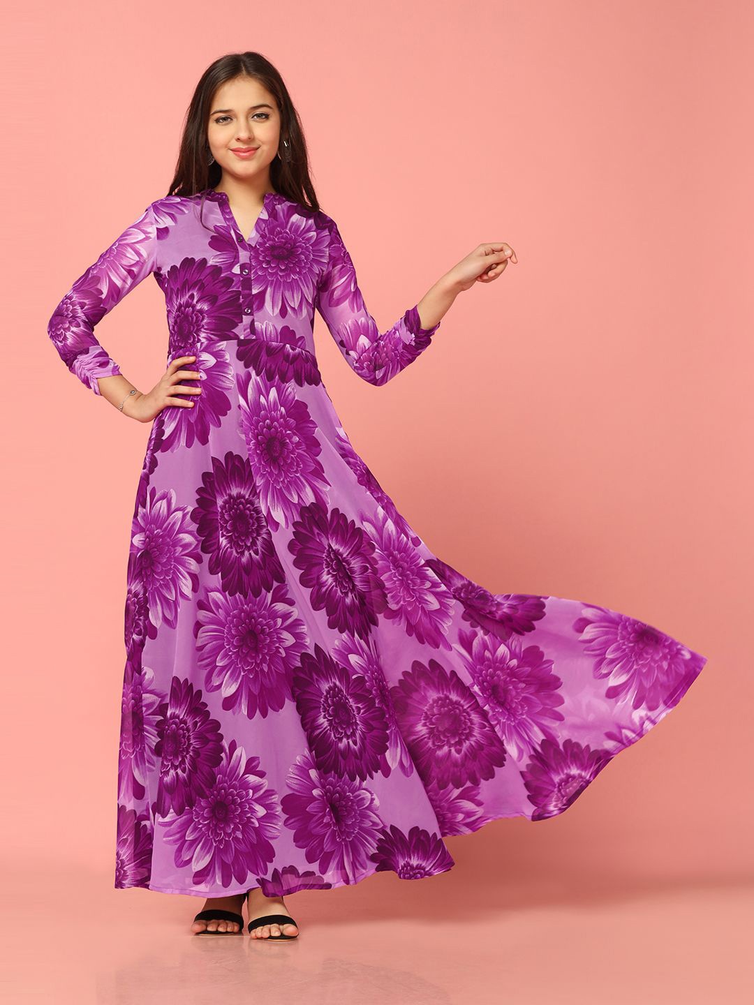 

Sangria Floral Printed Fit & Flare Maxi Ethnic Dresses, Purple