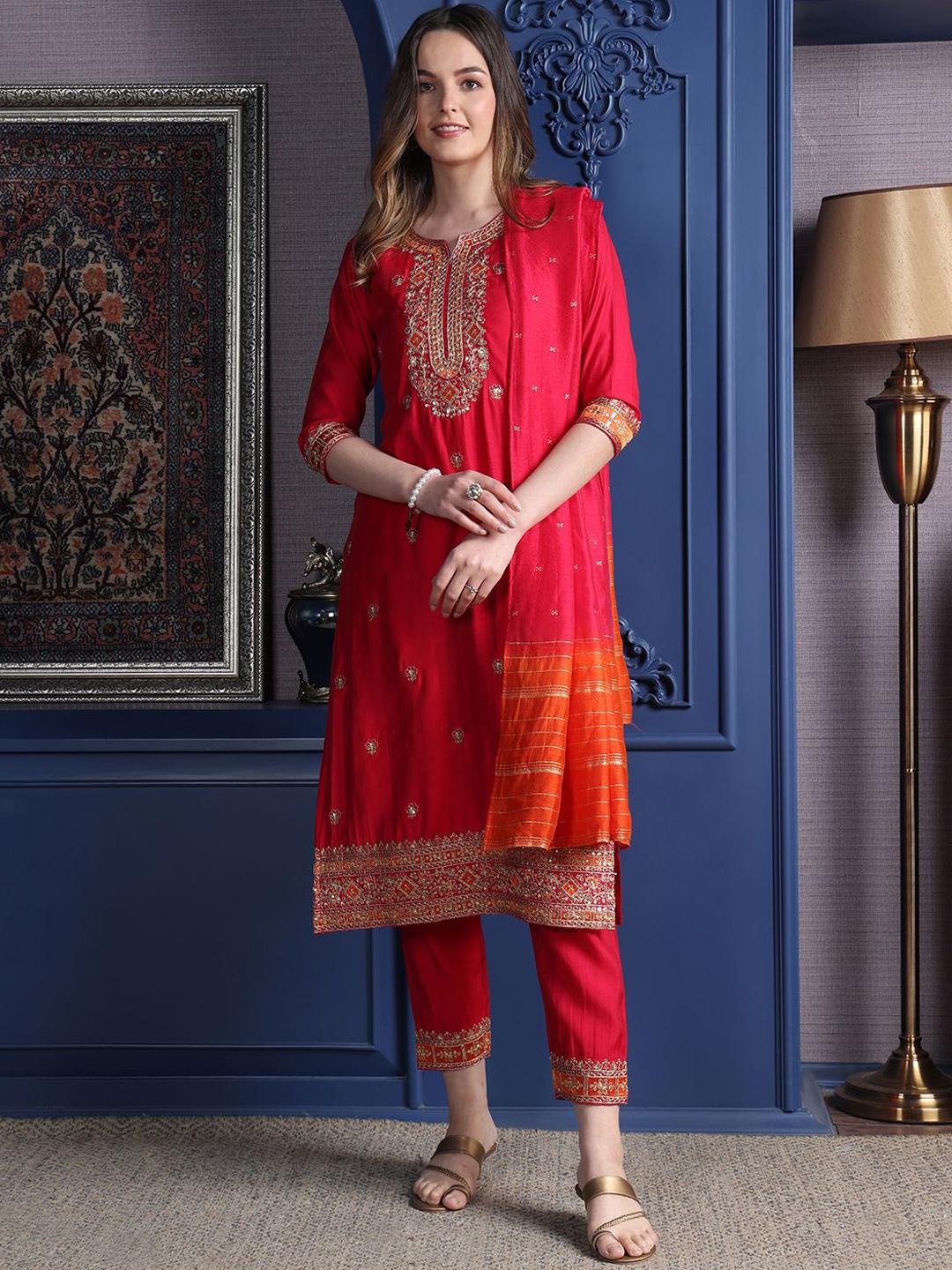 

KALINI Ethnic Motifs Embroidered Notch Neck Straight Kurta with Trousers And Dupatta, Red