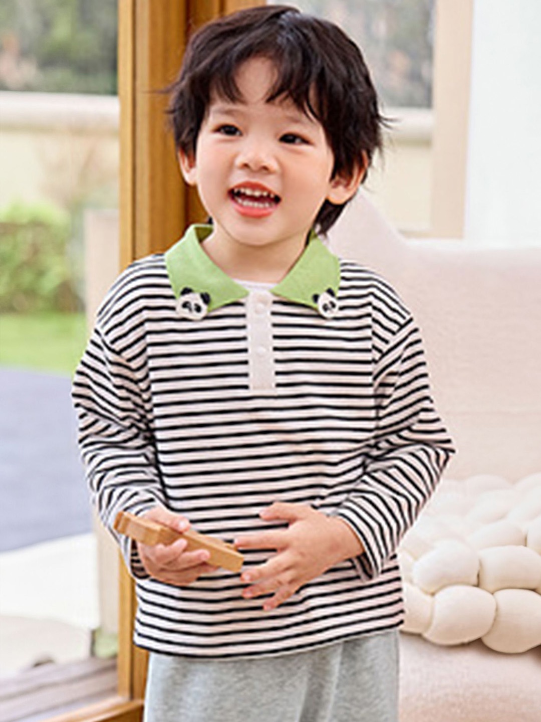 

LULU & SKY Boys Striped Polo Collar Cotton Oversized T-shirt, White
