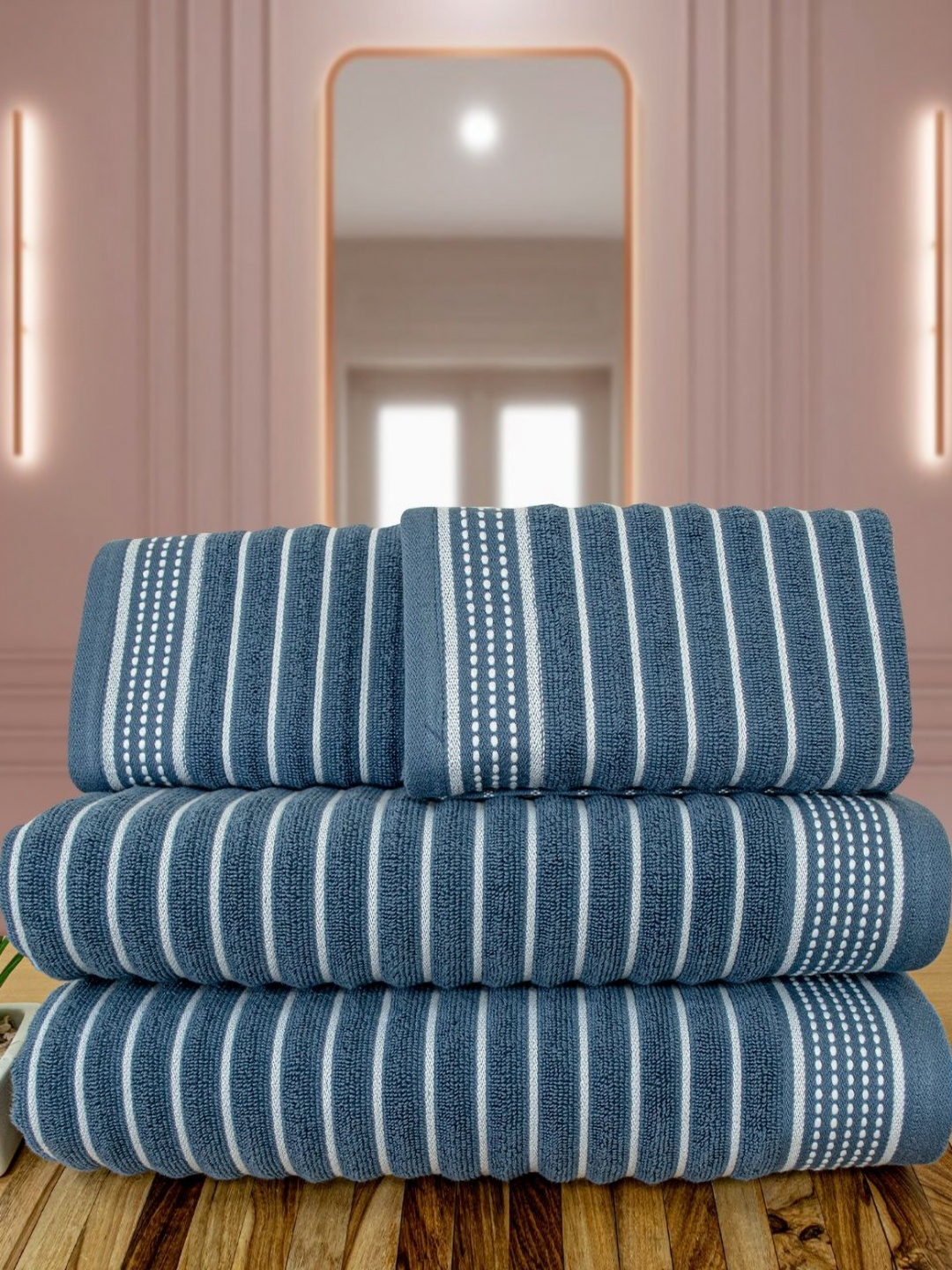 

Myntra Elegant Homes Regatta Blue & White 4 Pieces Striped Cotton 530 GSM Towel Set