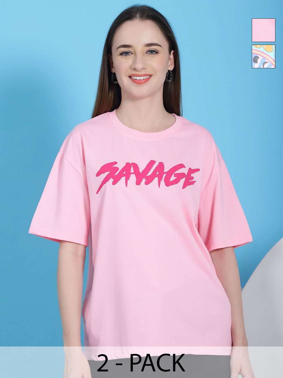 

Dreambe Women Pack Of 2 Graphic Printed Round Neck Cotton Oversized T-shirts, Pink