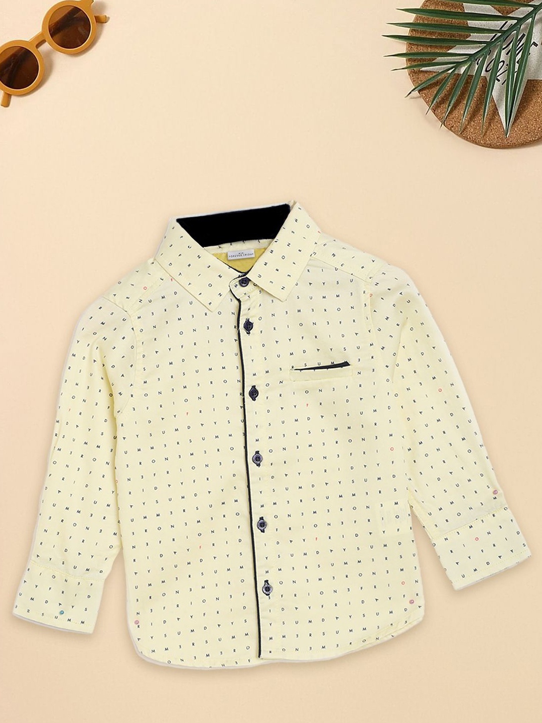 

FOREVER FRIDAY Boys Spread Collar Typography Printed Cotton Casual Shirt, Beige