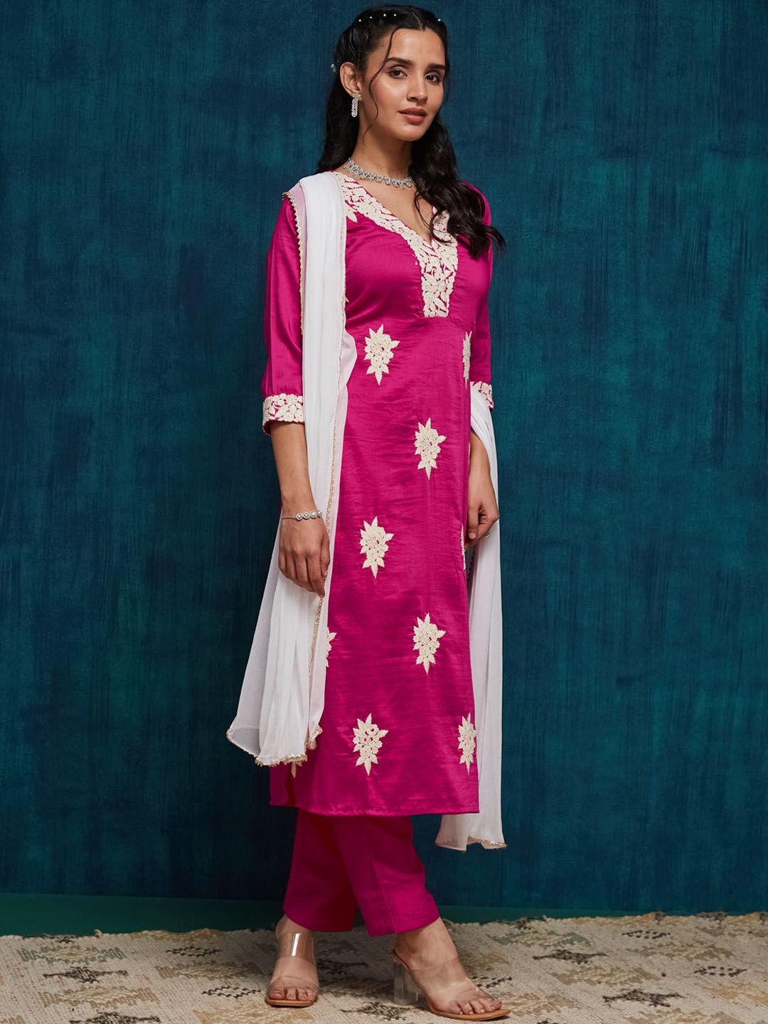 

SANSKAR Floral Embroidered V-Neck Straight Kurta With Trouser & Dupatta, Pink