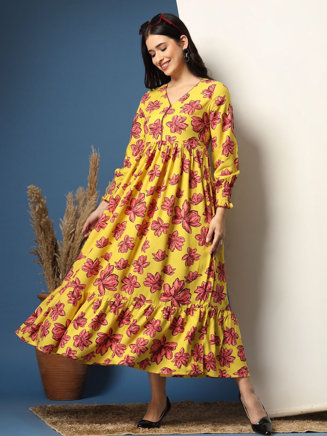 

GLAMALUE Floral Print Puff Sleeve Crepe Maxi Dress, Yellow