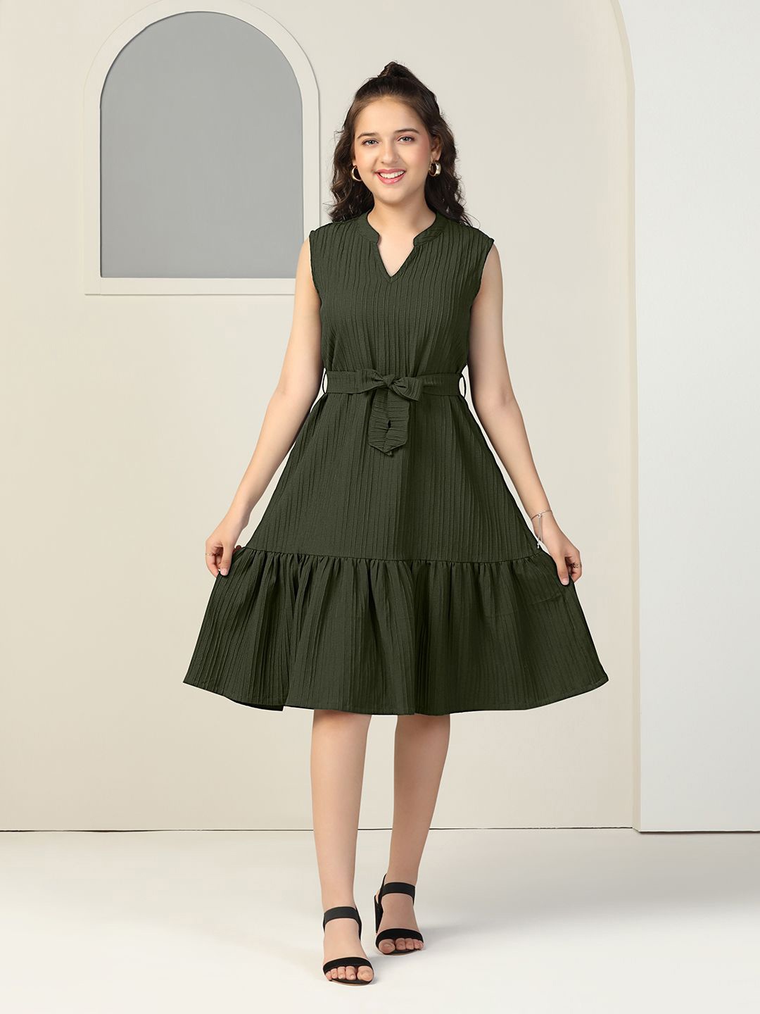 

YK Women Mandarin Collar Cotton Fit & Flare Dress, Olive