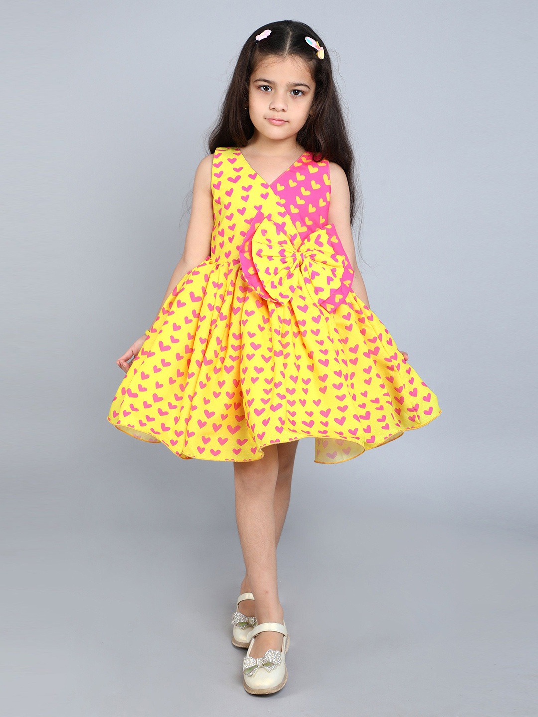 

Pink Chick Girl Print V-Neck Sleeveless Knee Length Fit & Flare Dress, Yellow