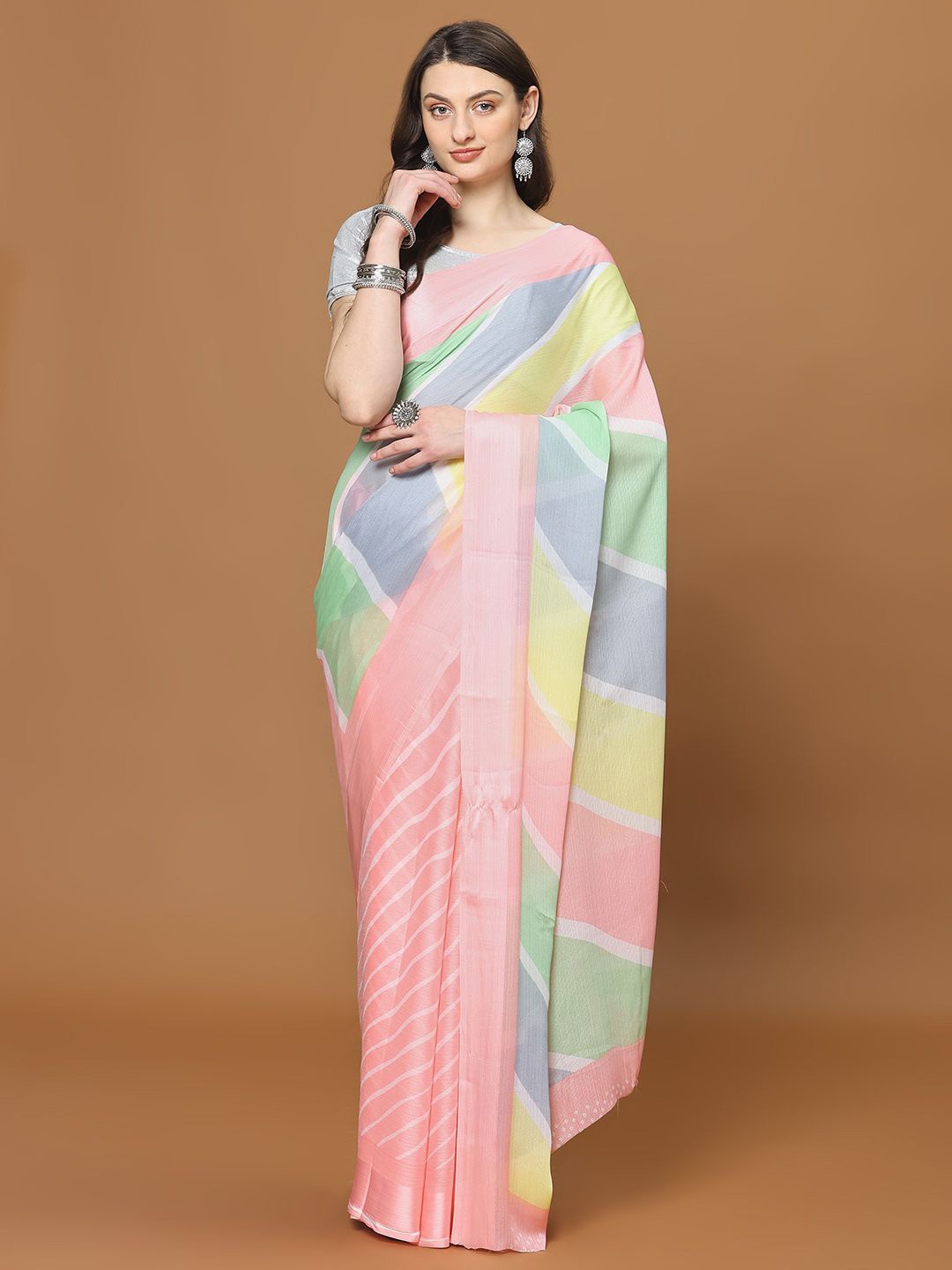 

Meena Bazaar Poly Chiffon Saree, Peach