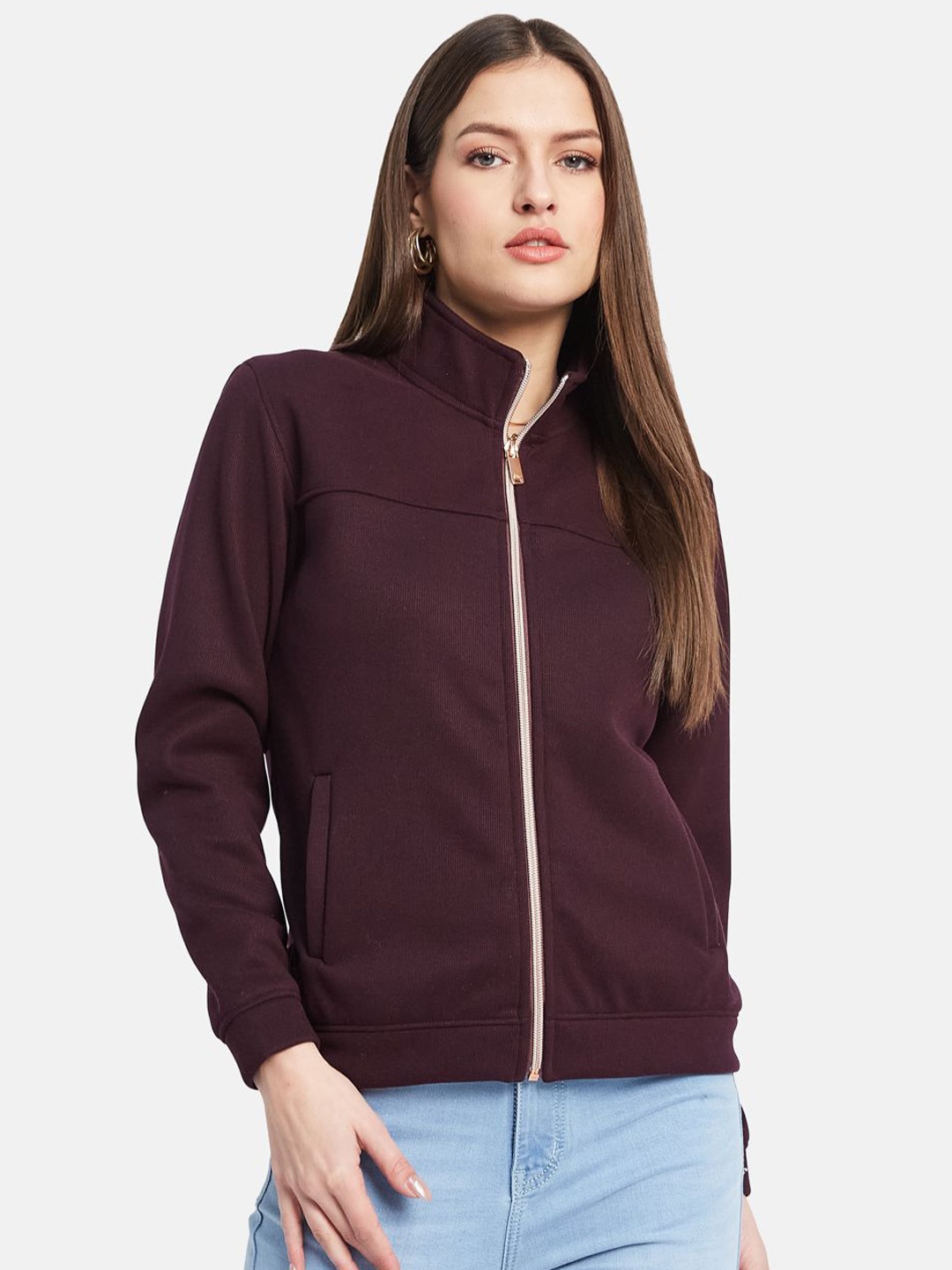 

METTLE Women Mock Collar Front-Open Sweatshirt, Maroon