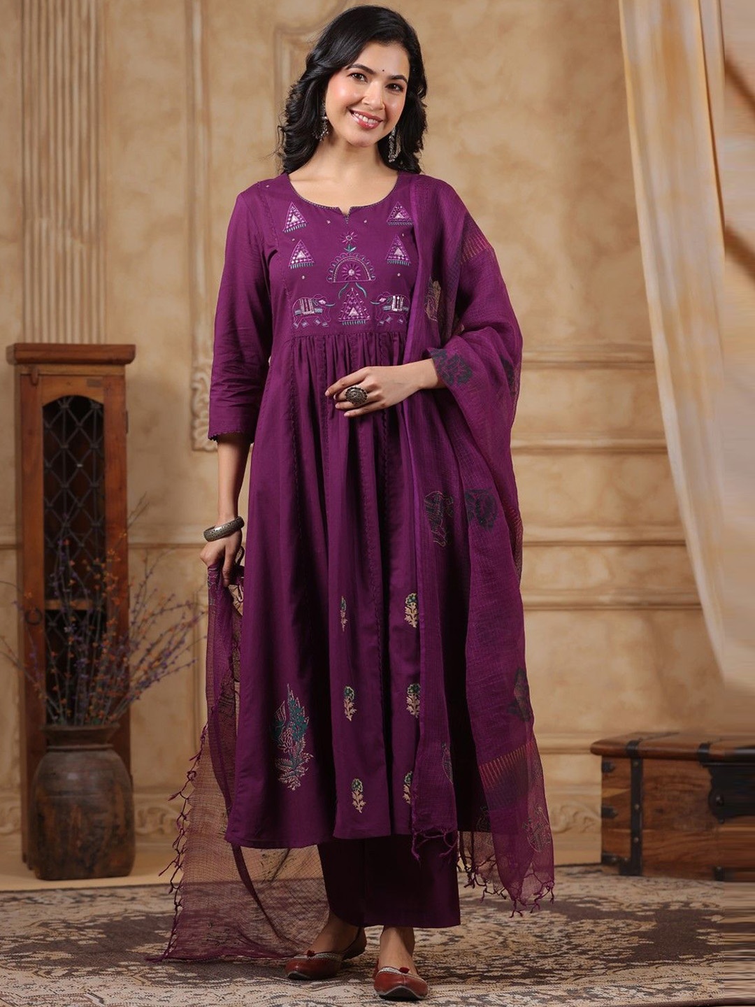 

AUTUMN LANE Ethnic Motifs Embroidered Empire Pure Cotton Kurta With Trousers & Dupatta, Purple