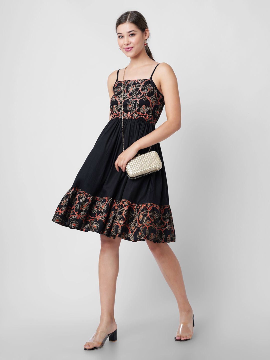 

GLAMALUE Ethnic Motifs Print Shoulder Straps Fit & Flare Dress, Black