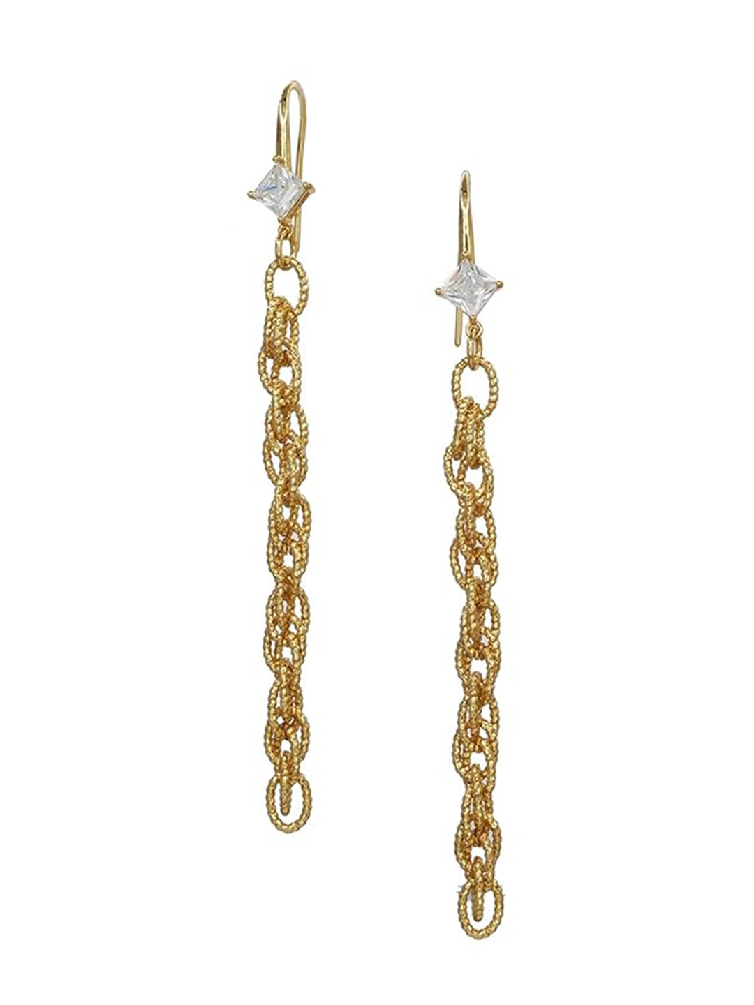 

ISHI New York Gold-Plated CZ Studded Contemporary Shaped Drop Earrings