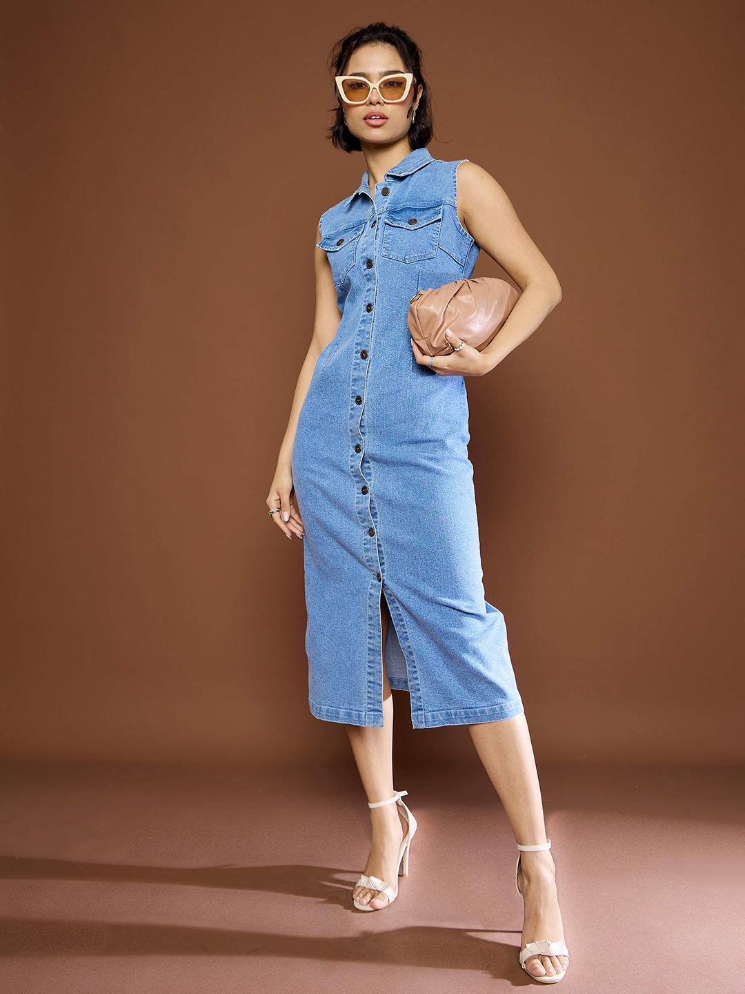 

SASSAFRAS Women Shirt Collar Denim Shirt Midi Dress, Blue