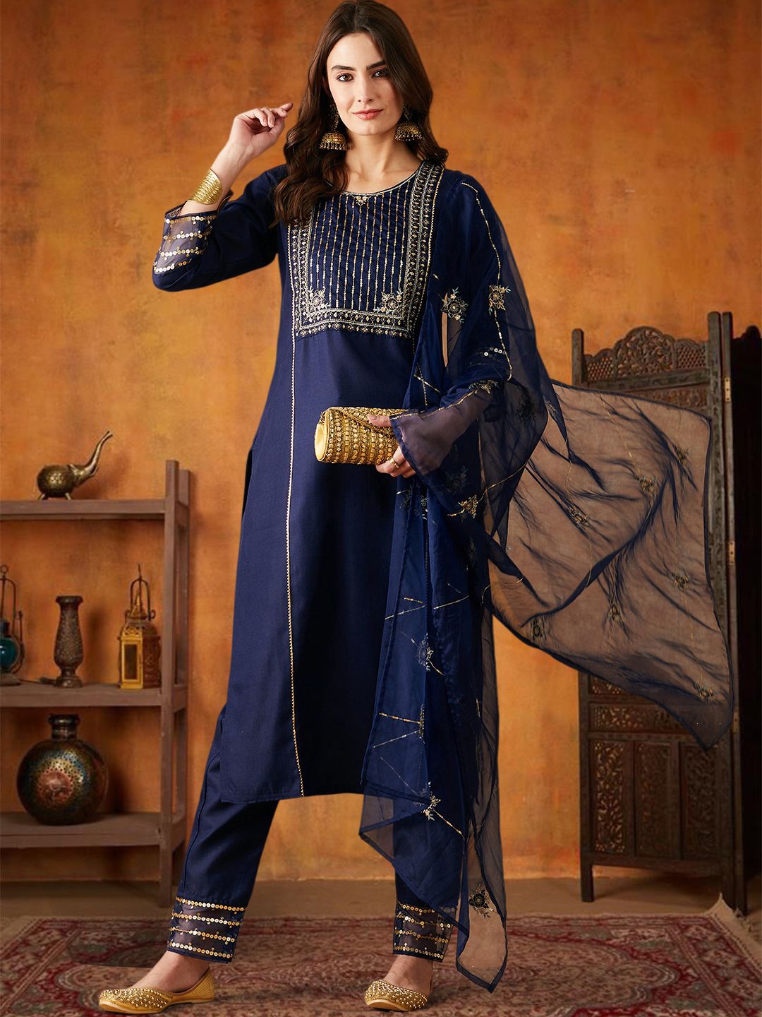 

SheWill Striped Embroidered Round Neck Sequinned Straight Kurta With Trouser & Dupatta, Blue