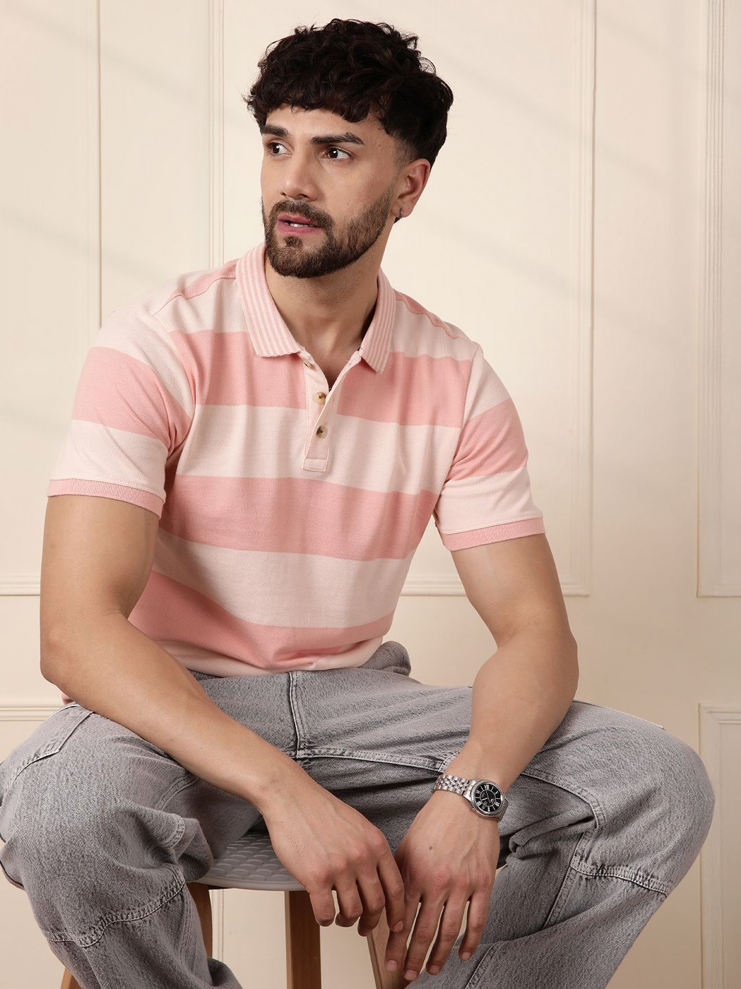 

WROGN Men Striped Polo Collar Cotton Slim Fit T-shirt, Peach