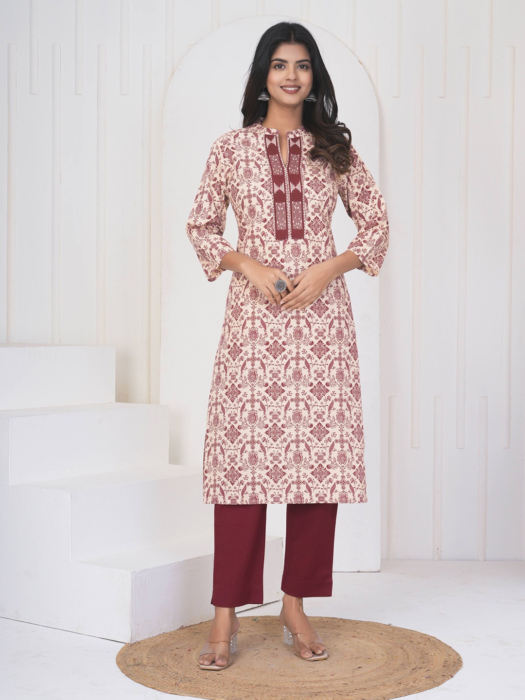 

GATIM Ethnic Motifs Printed Sequins Pure Cotton Straight Kurta, Beige