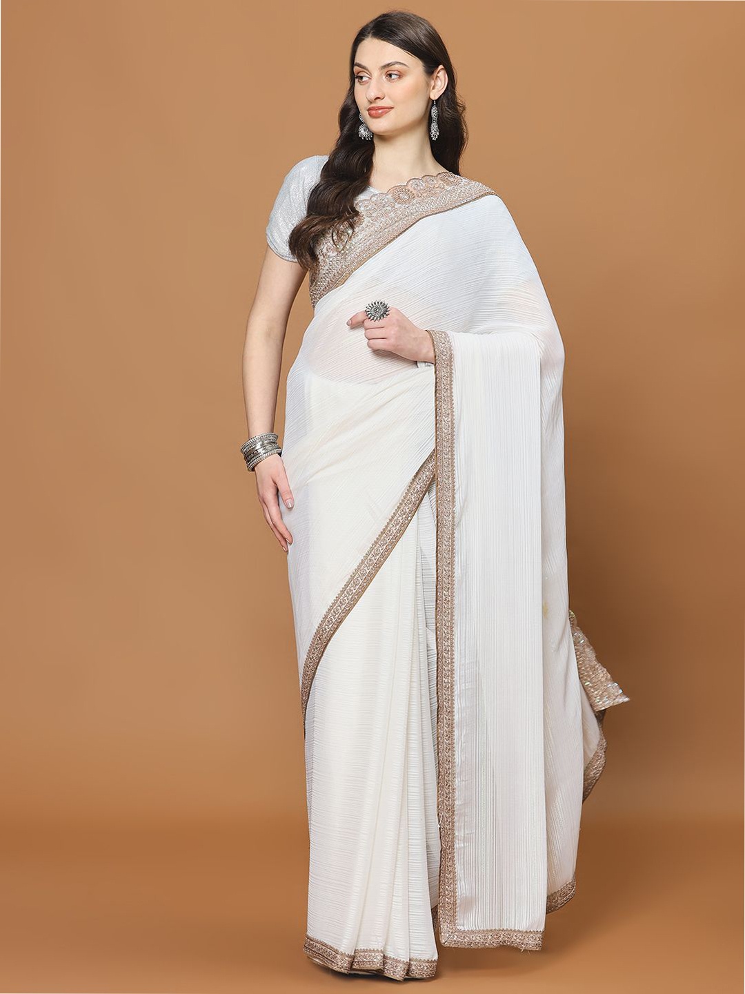 

Meena Bazaar Sequinned Saree with Blouse Piece, Cream