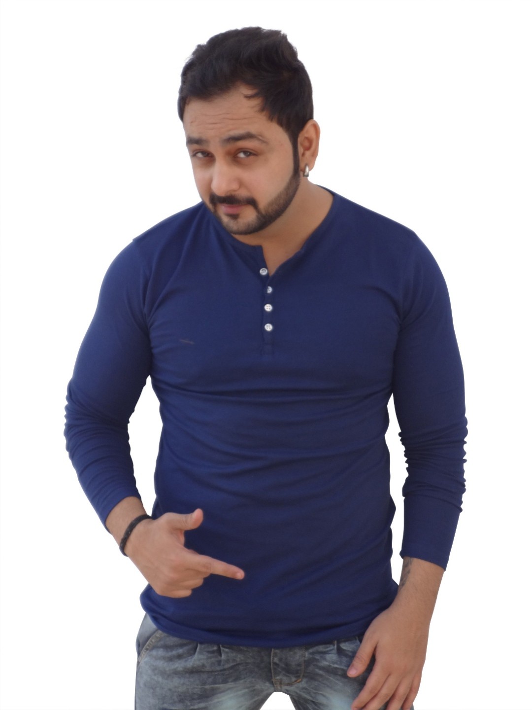 

Black Collection Men Solid Henley Neck Cotton T-shirt, Navy blue