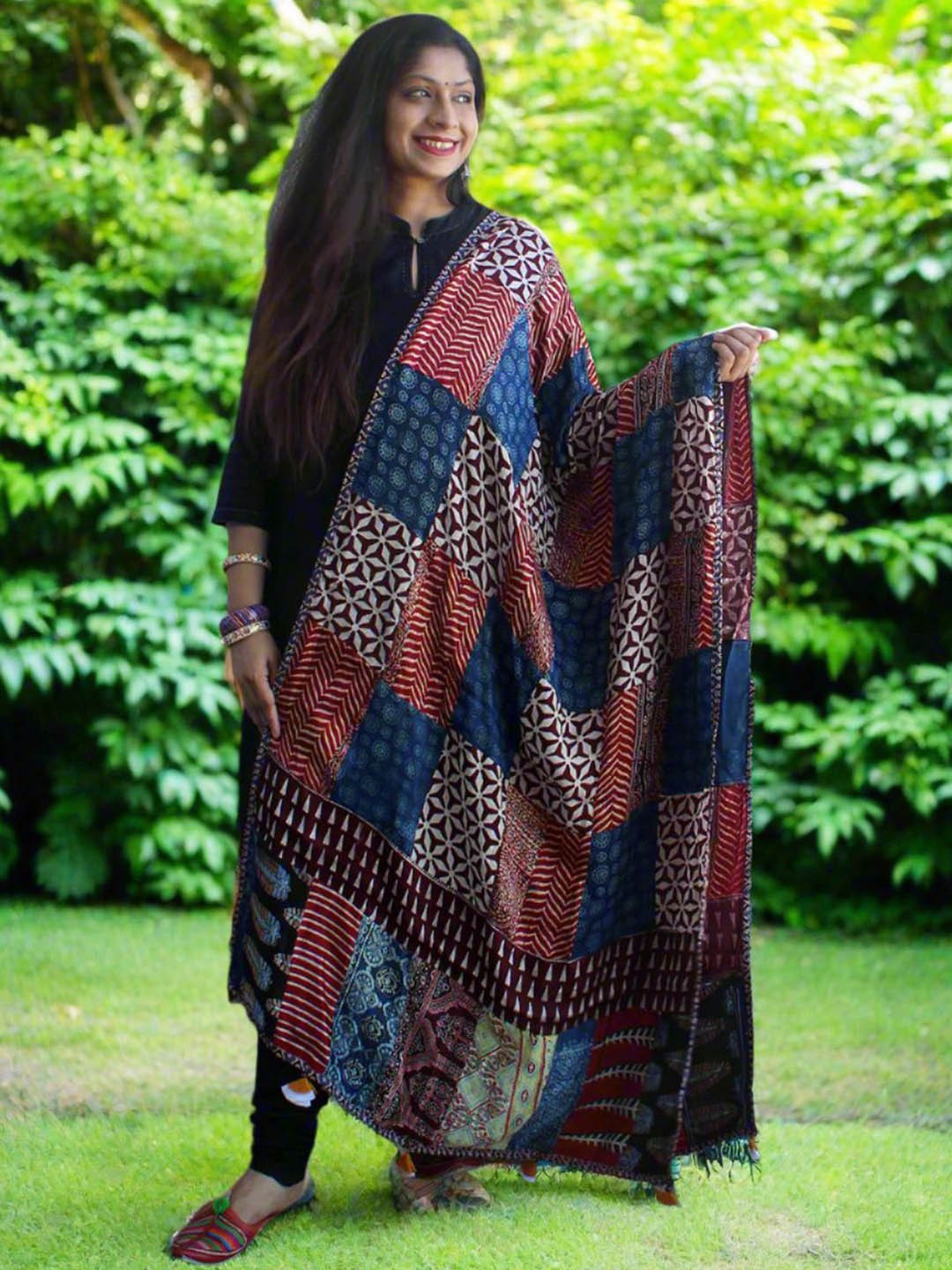 

Weaves of Tradition Ethnic Motifs Block Printed Modal Silk Dupatta With Patchwork, Blue