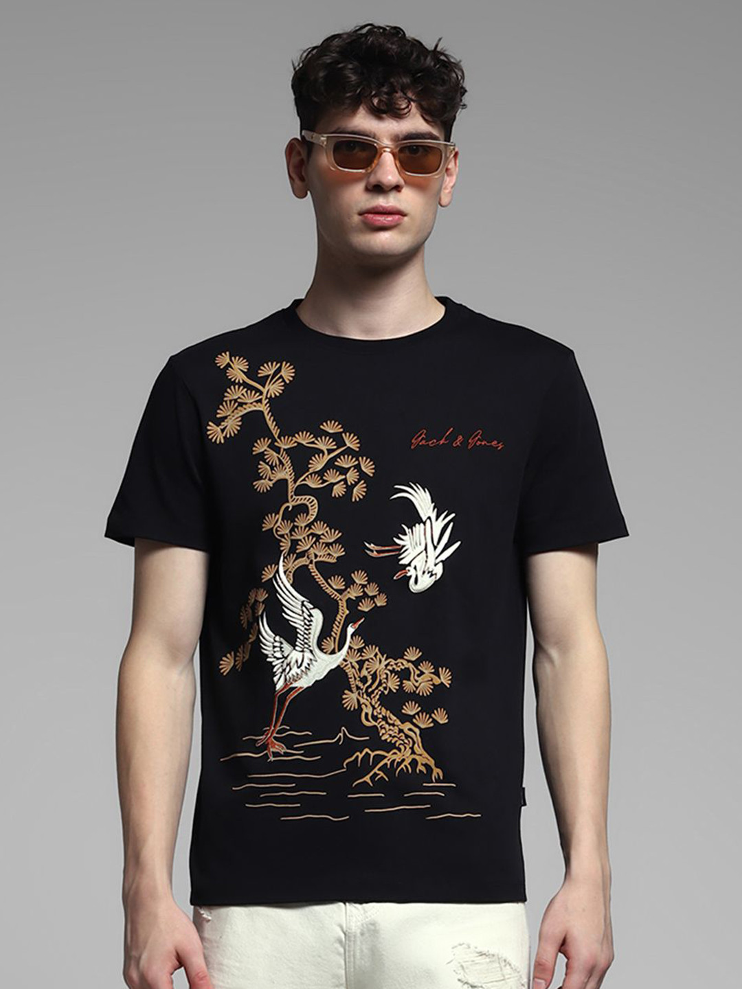 

Jack & Jones Men Graphic Printed Round Neck Cotton T-shirt, Black
