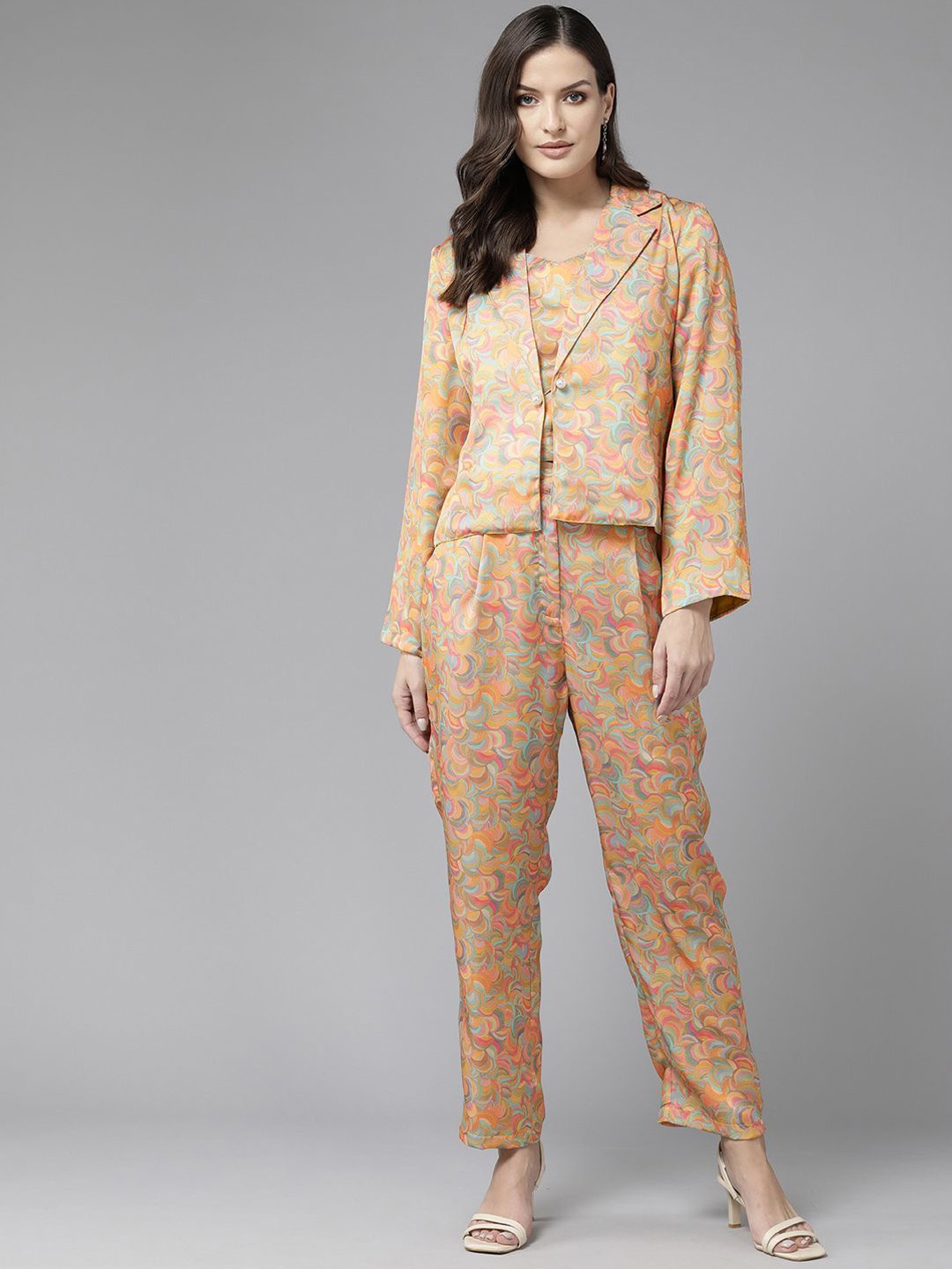 

CORSICA Abstract Printed Pure Silk Shoulder Strap Top With Trousers And Shrug, Mustard