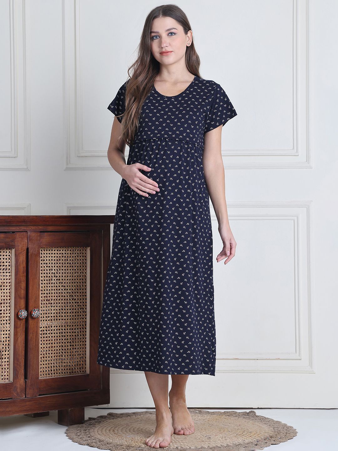 

Secret Wish Printed Hosiery Maternity Nighty, Navy blue
