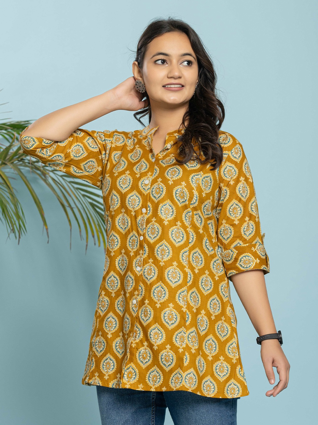 

KALINI Women Ethnic Motifs Printed Pure Cotton Kurti, Mustard