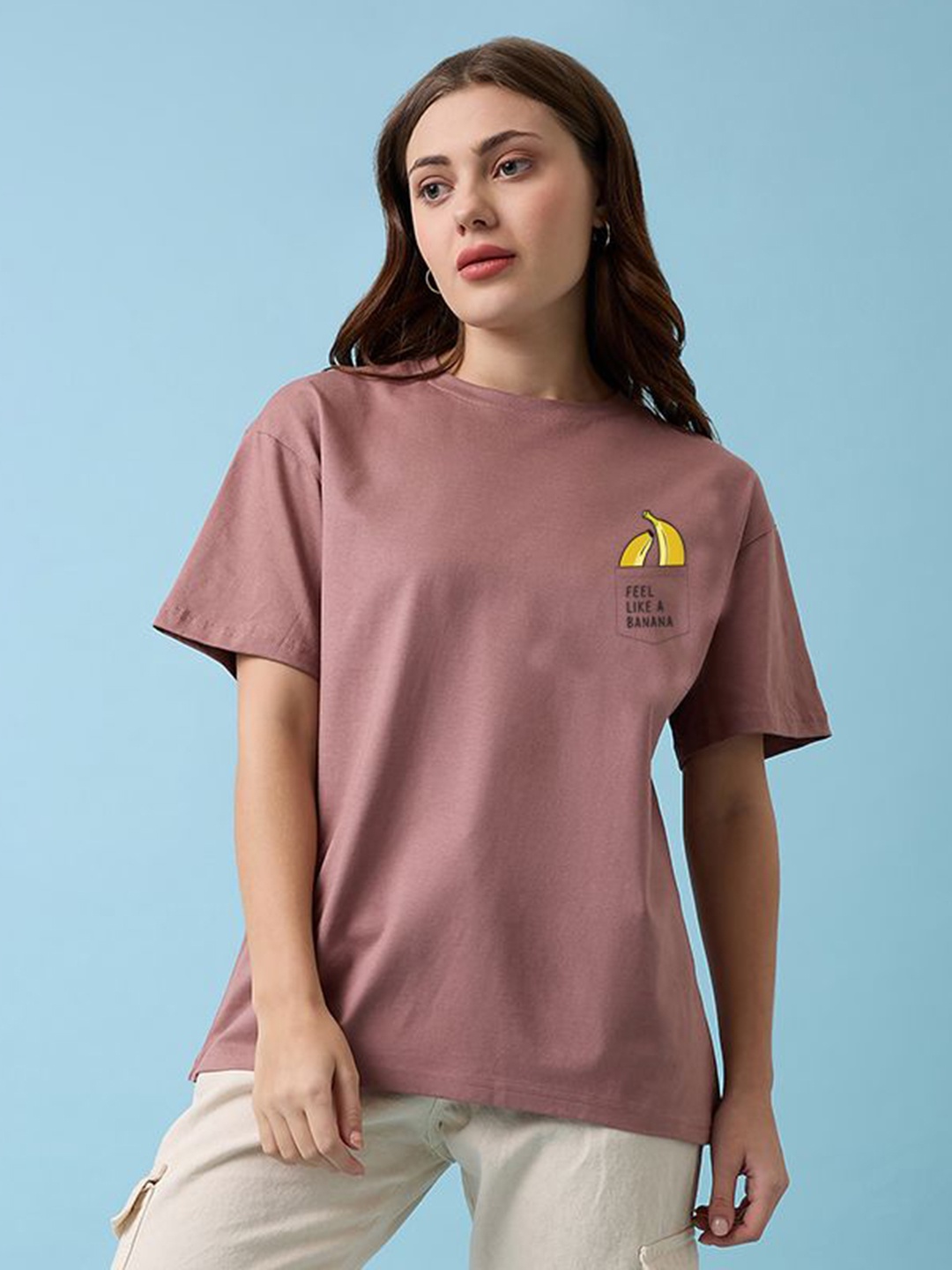 

Mast & Harbour Women Graphic Printed Round Neck Cotton Oversized T-shirt, Mauve