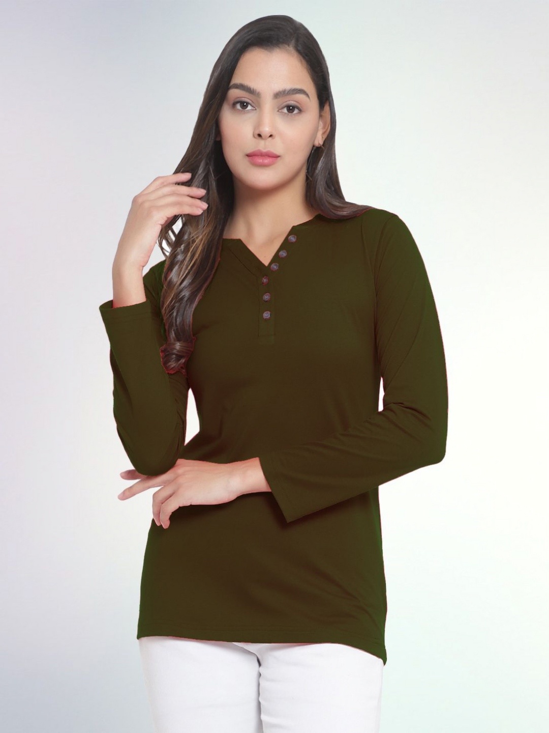 

Boldwink Women Solid V-Neck Cotton Slim Fit T-shirt, Olive