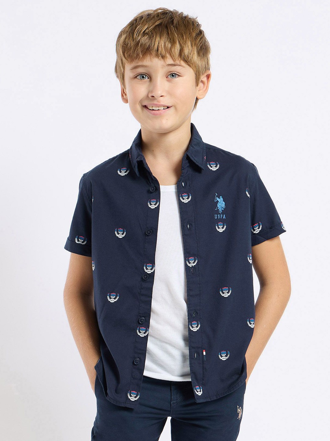 

U.S. Polo Assn. Kids Boys Classic Fit Conversational Printed Cotton Casual Shirt, Blue