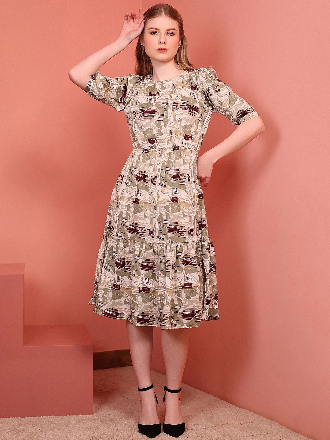 

Istyle Can Women Print Round Neck Puff Sleeves Tiered A-Line Midi Dress, Khaki