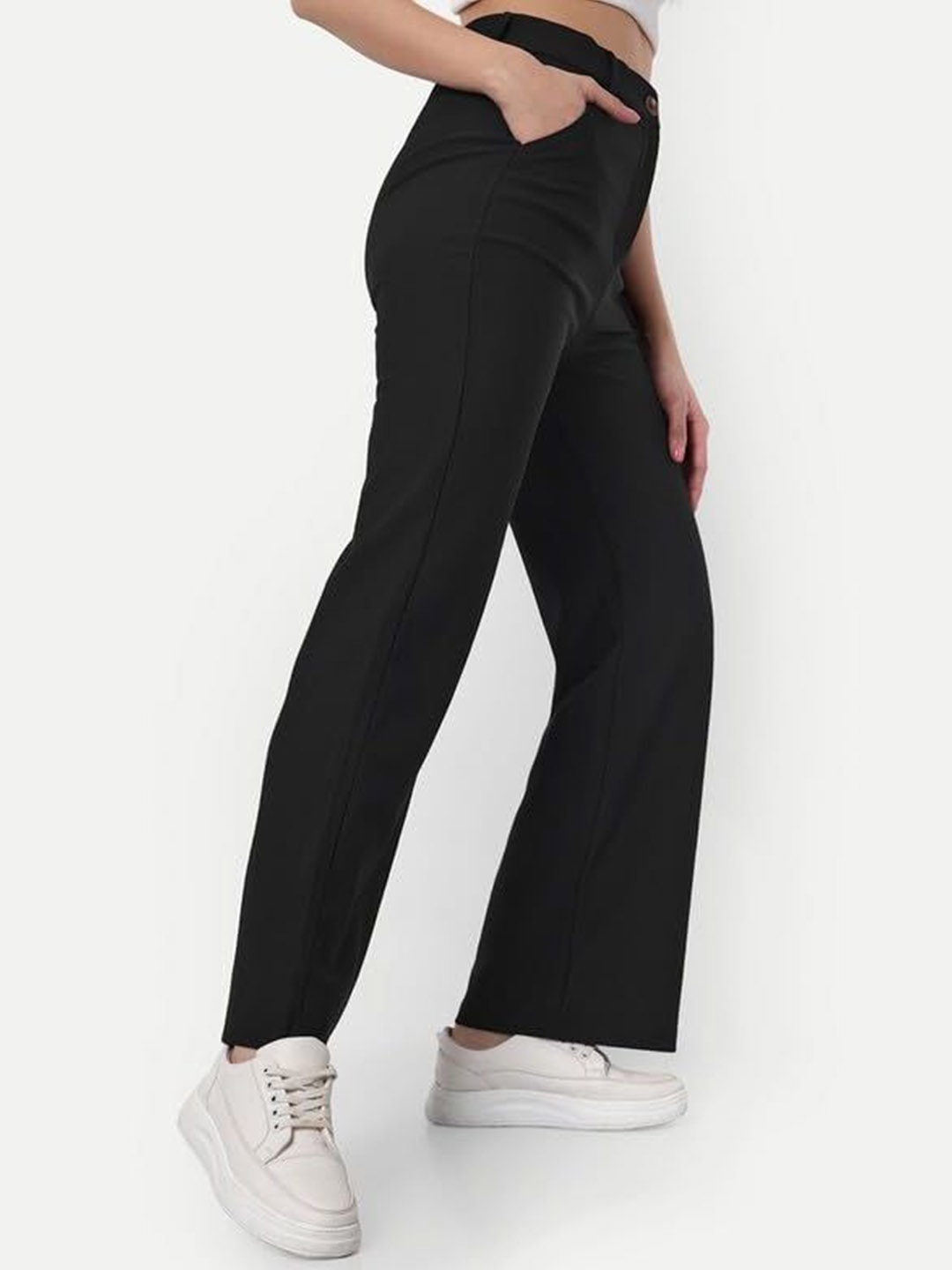 

FNOCKS Women Relaxed Loose Fit High-Rise Trousers, Black