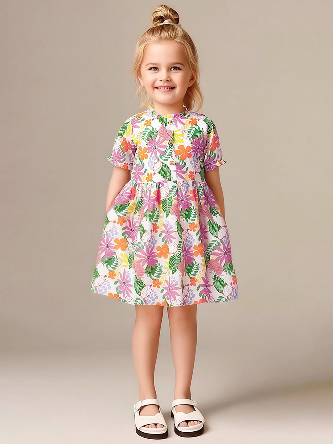 

LULU & SKY Girls Floral Printed Pure Cotton Fit and Flare Dress, White
