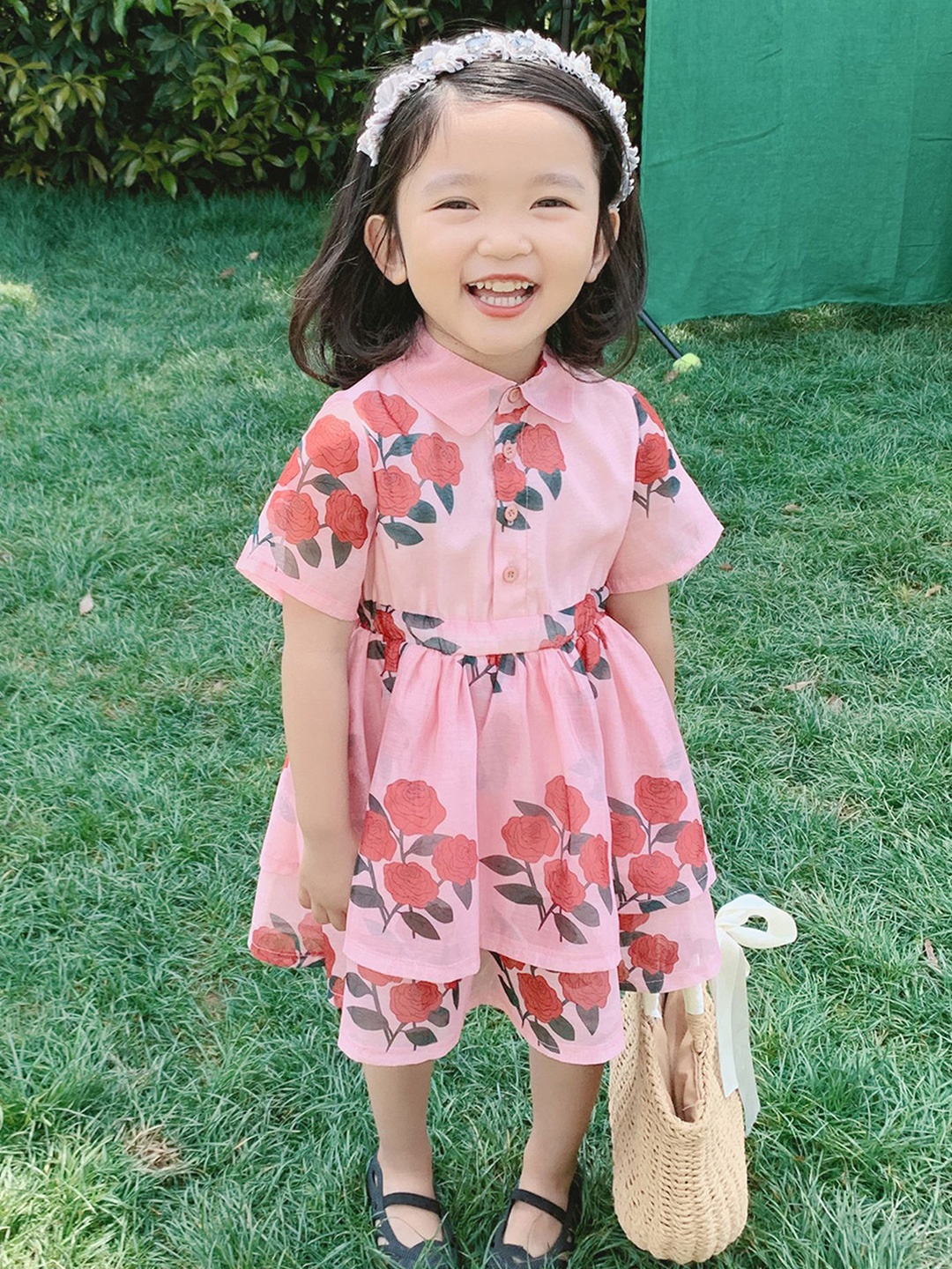 

LULU & SKY Girls Floral Print Elasticated-waist Shirt Collar Layered Dress, Pink
