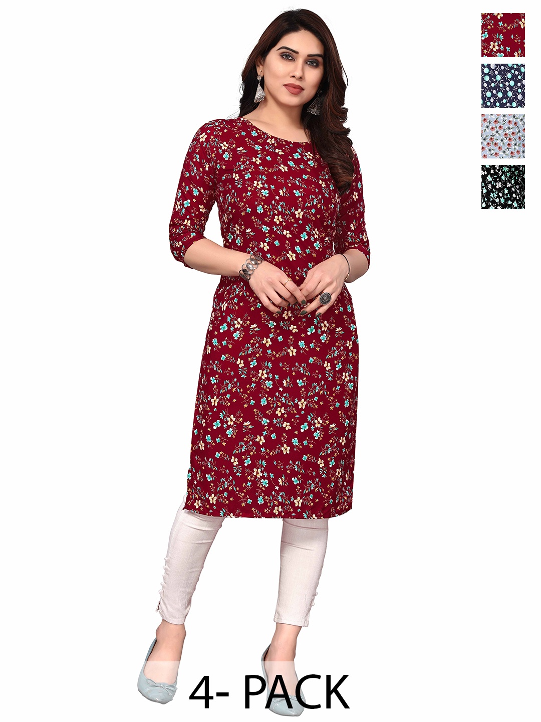 

KETAKI FASHION Selection Of 4 Floral Printed Round Neck Straight Kurtas, Red