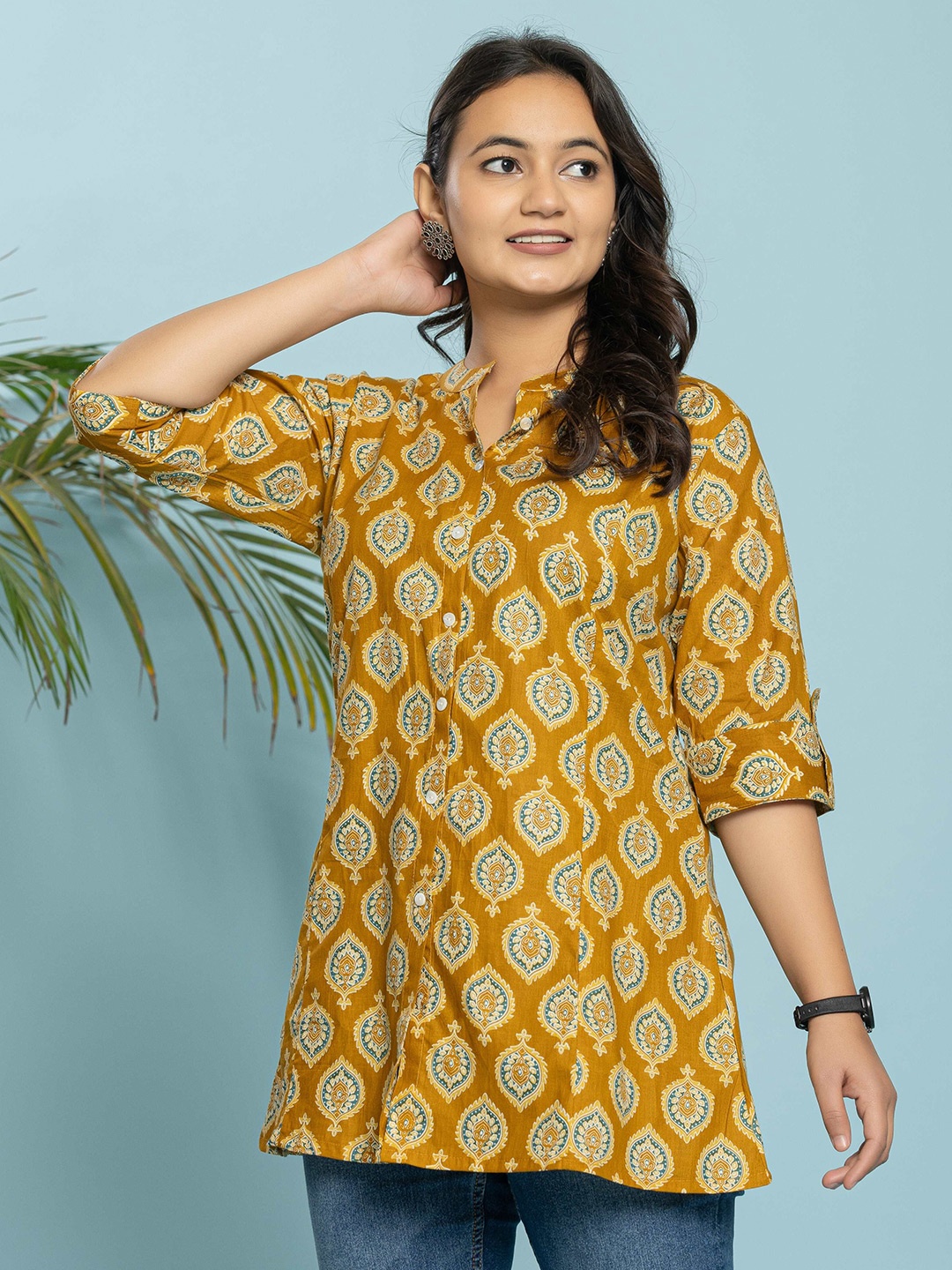 

INDYES Women Ethnic Motifs Printed Pure Cotton Kurti, Mustard