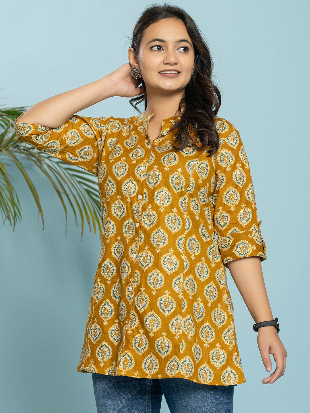 

INDYES Women's Ethnic Motifs Printed Pure Cotton Pleated Kurti, Mustard