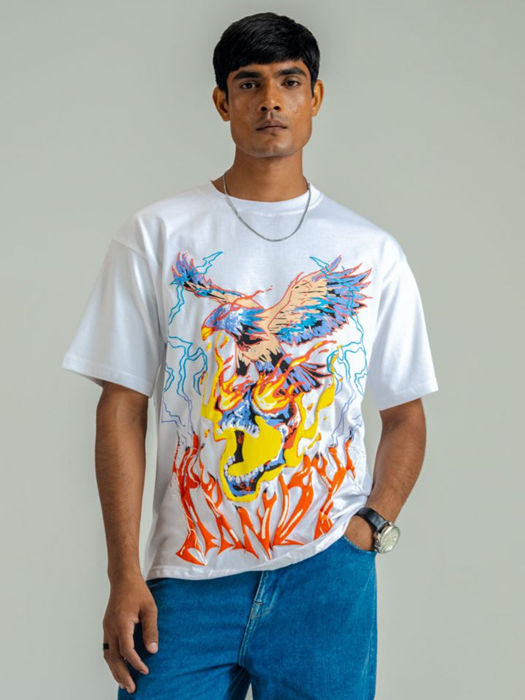 

Kandy Men electro eagle Graphic Printed Round Neck Oversized T-shirt, White