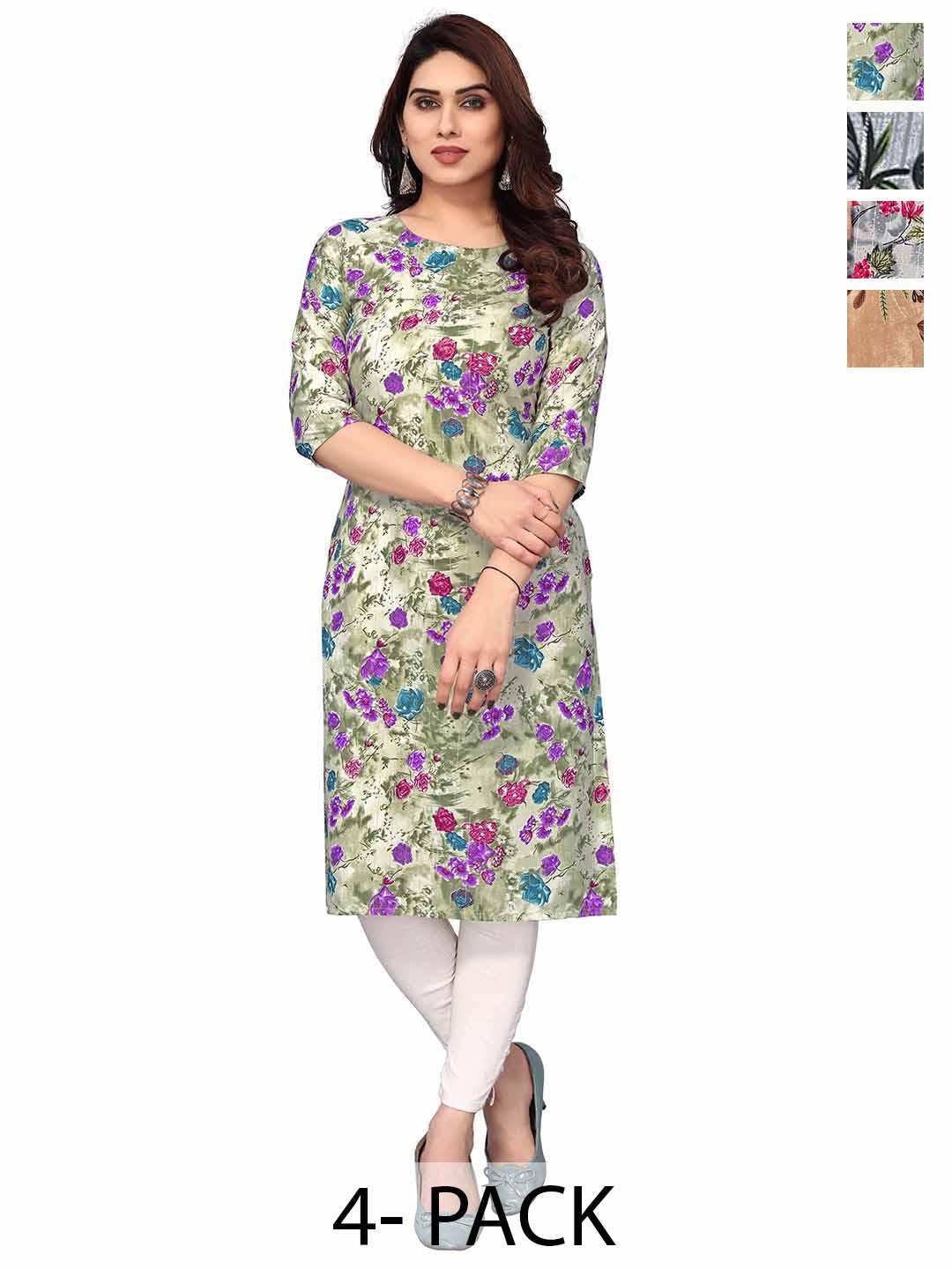 

KETAKI FASHION Selection Of 4 Floral Printed Round Neck Straight Kurtas, Beige