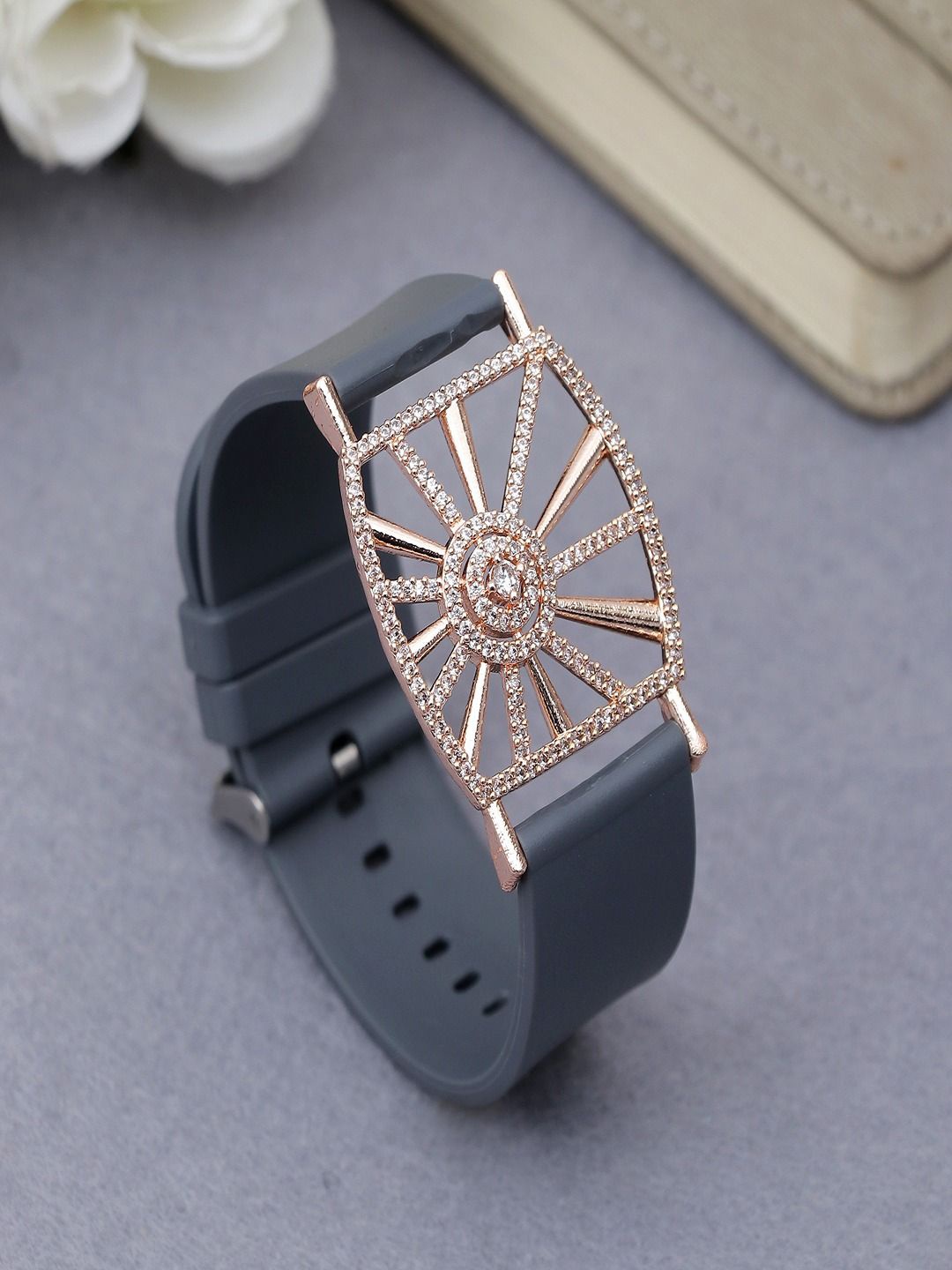

DressBerry Rose Gold-Plated American Diamond Studded Leather Wraparound Bracelet