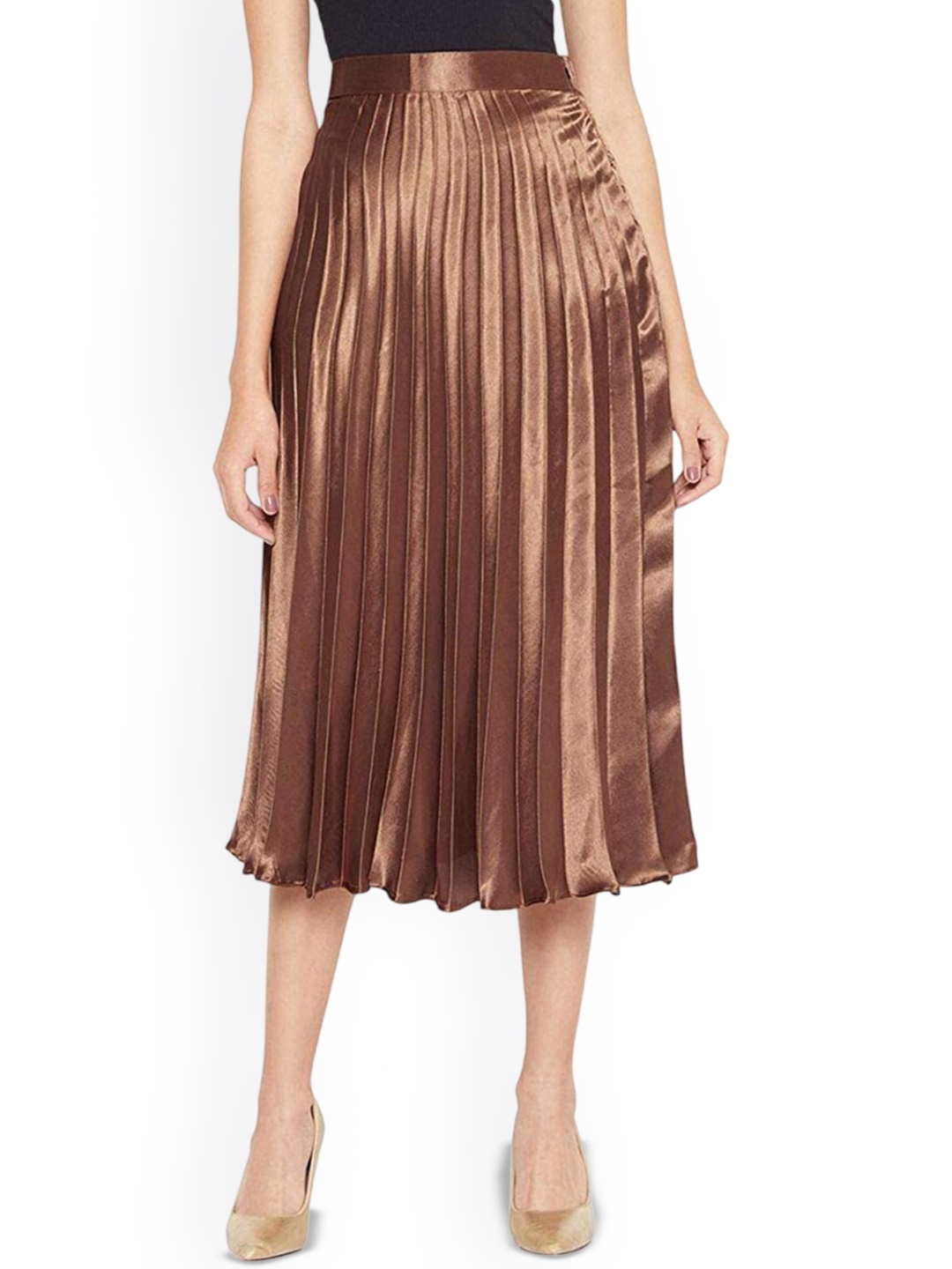 

ZWERLON Women Satin Accordion Pleated A-Line Midi Skirt, Bronze